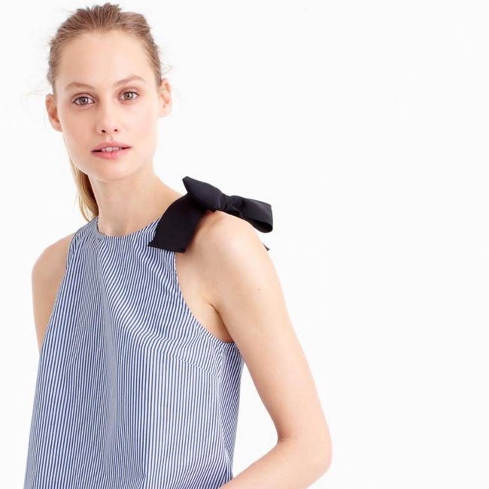 J.Crew Bow Shoulder Grosgrain Ribbon Striped Poplin Tank Top Size 4 blue white